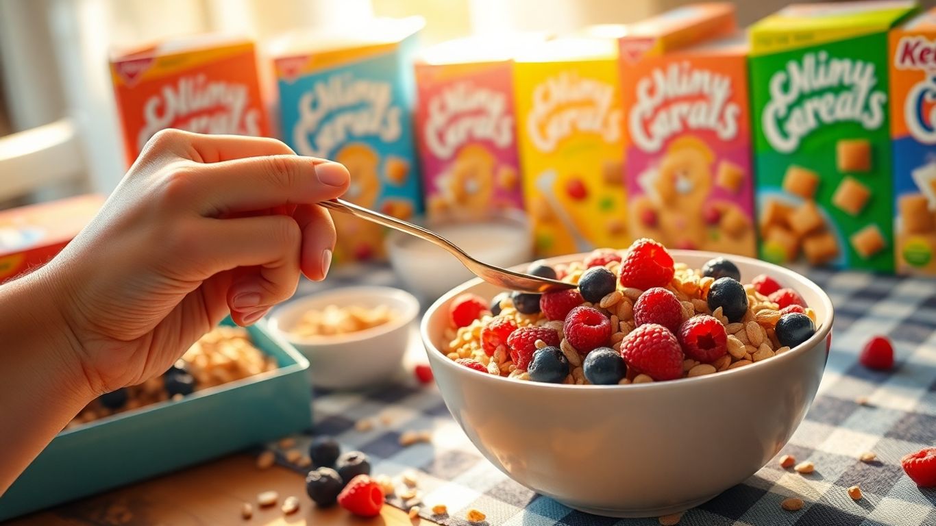 Healthy breakfast cereal with fruits and milk.