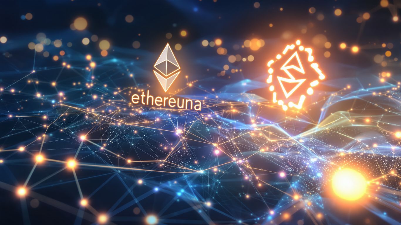 Ethereum and Solana logos in a digital network.