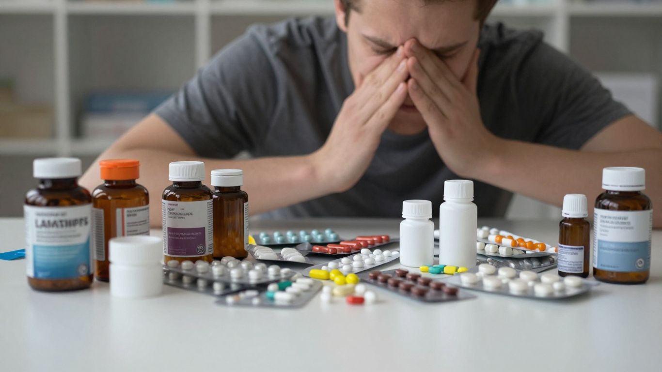 Pílulas e frascos de medicamentos em uma mesa.