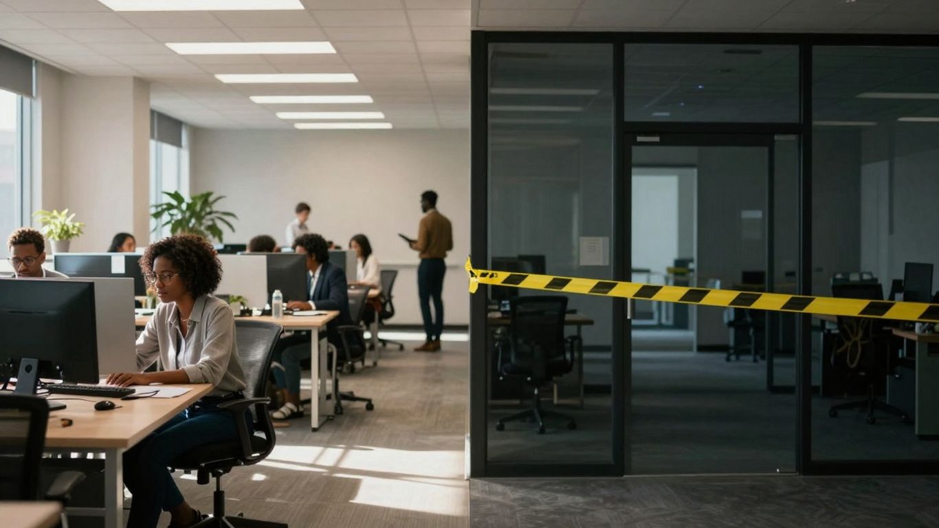 Business interruption insurance concept: office open vs closed.