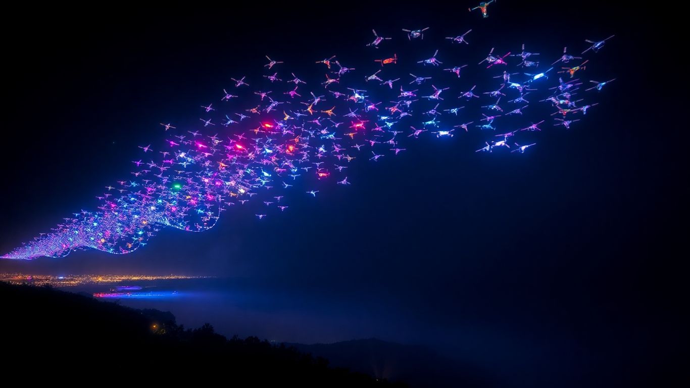 Pertunjukan drone cahaya spektakuler di langit malam Bali.