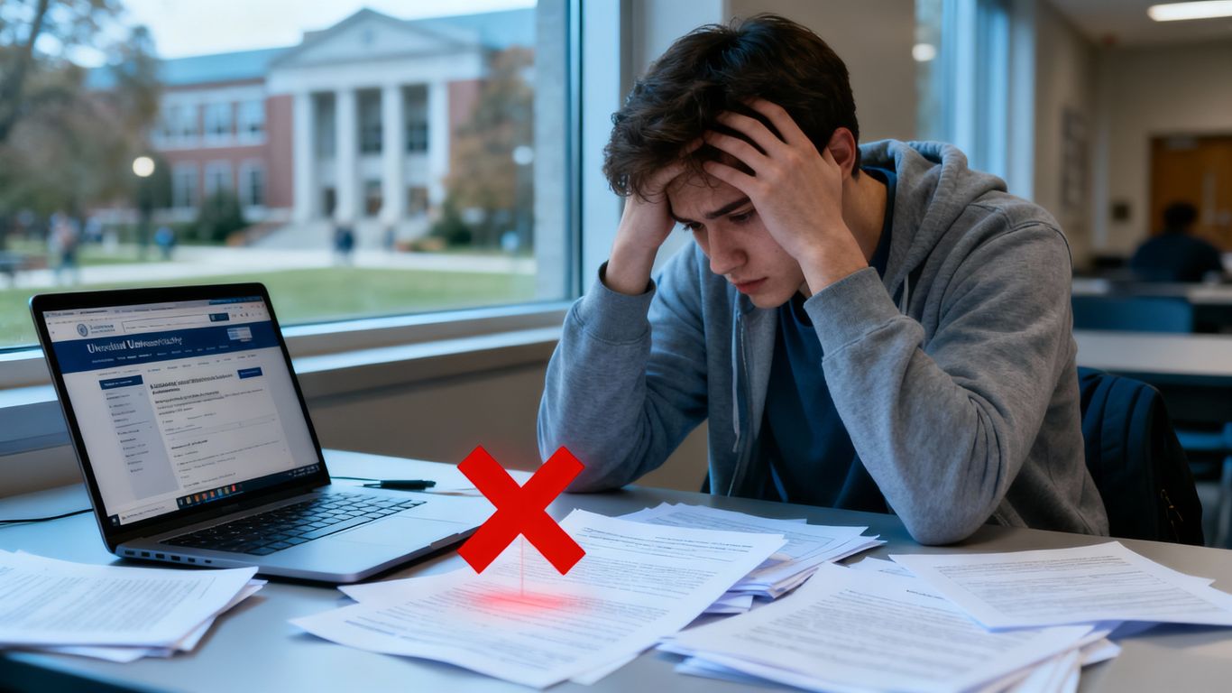 Student stressed over university application mistakes.