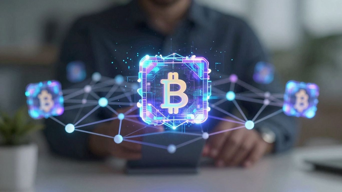 Digital blockchain network with glowing nodes and floating blocks.