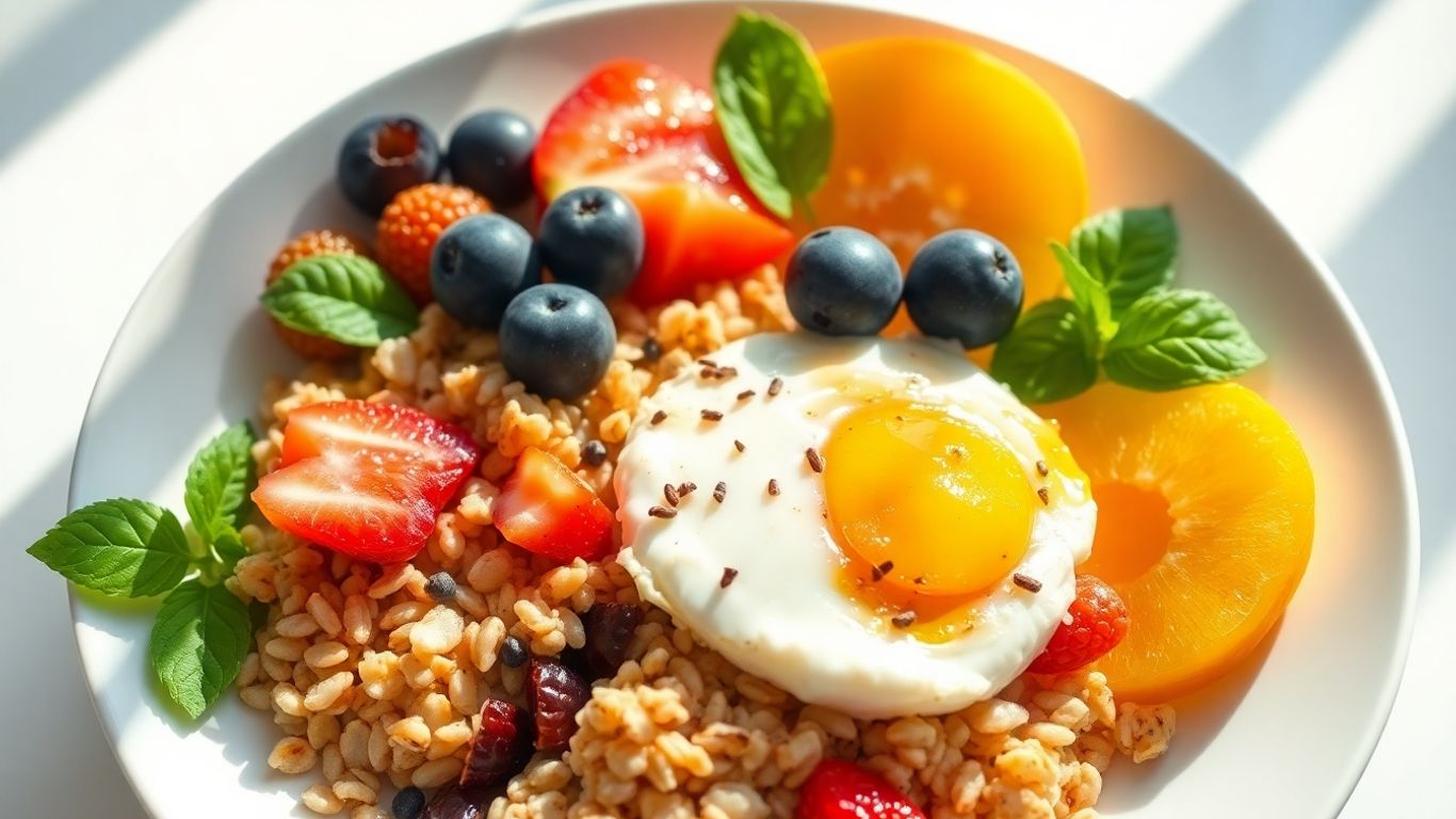 Healthy frozen breakfast meal with fruits and grains.
