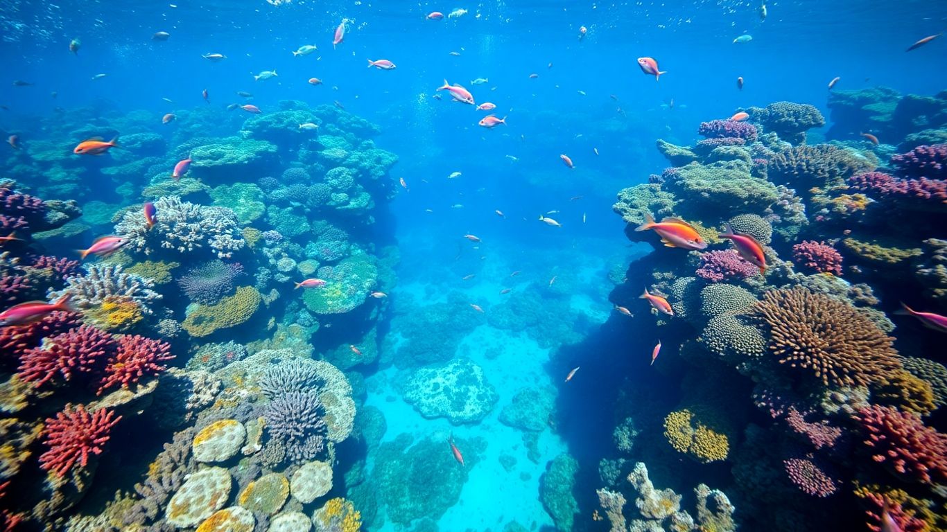 Colorful coral reef with fish and some bleached corals