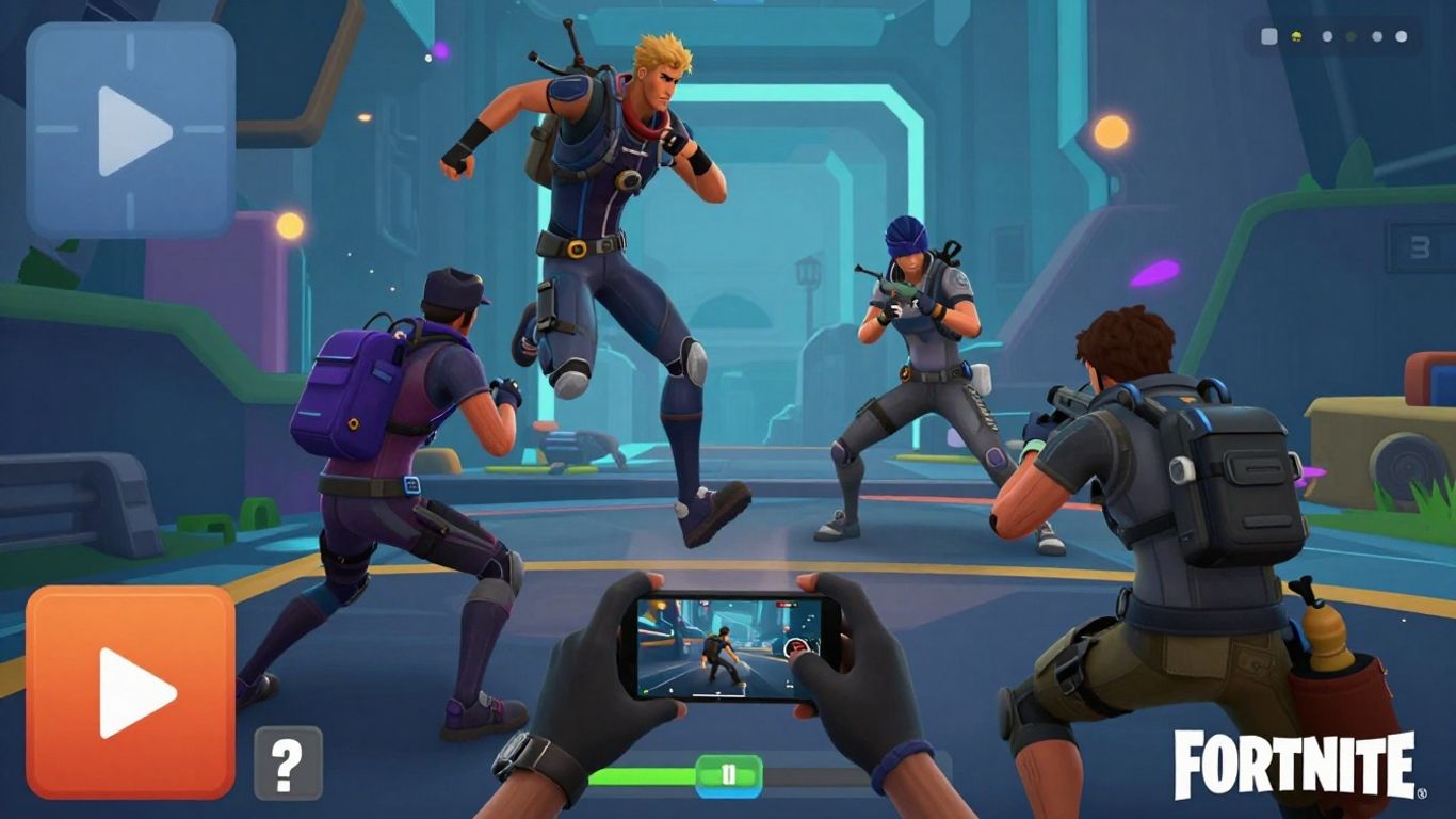 Fortnite Mobile characters in a vibrant, action-packed game scene.