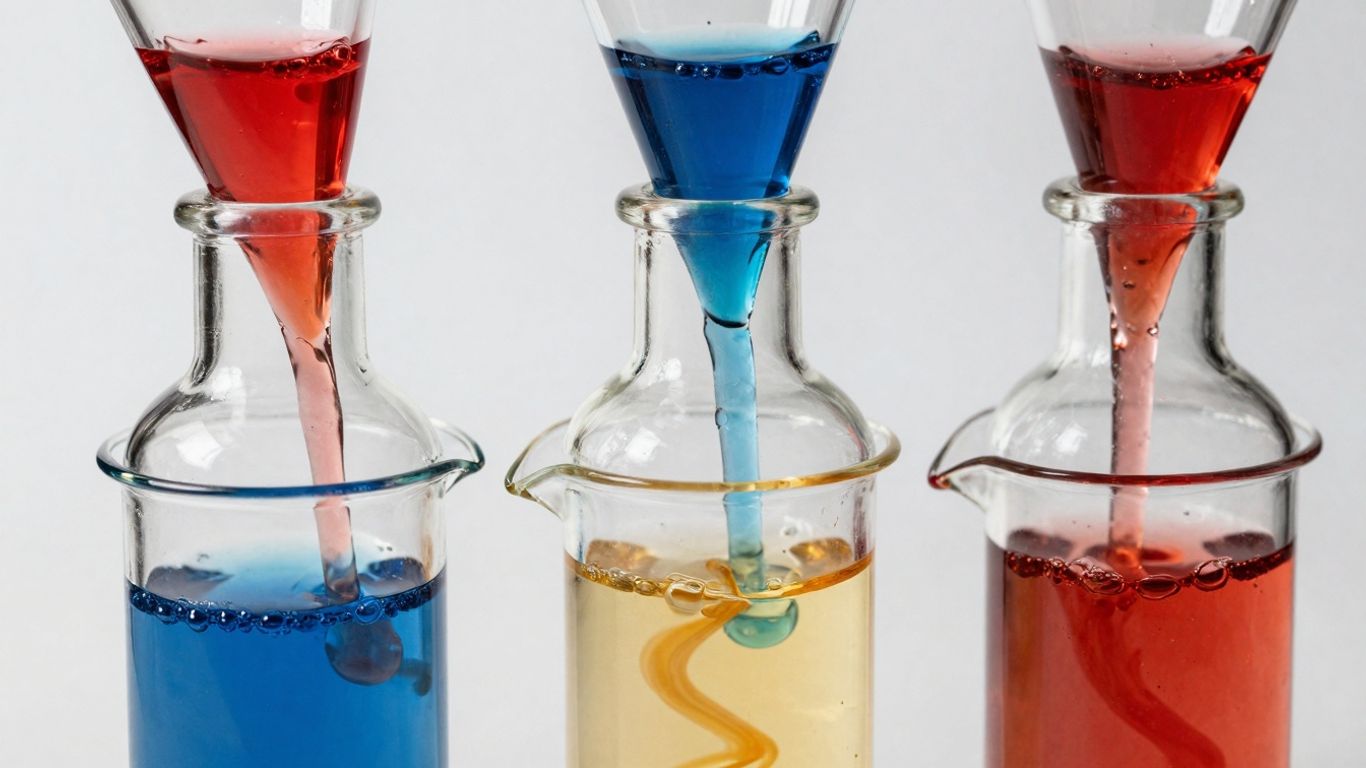 Bunte Flüssigkeiten werden in Glasbehälter getropft.