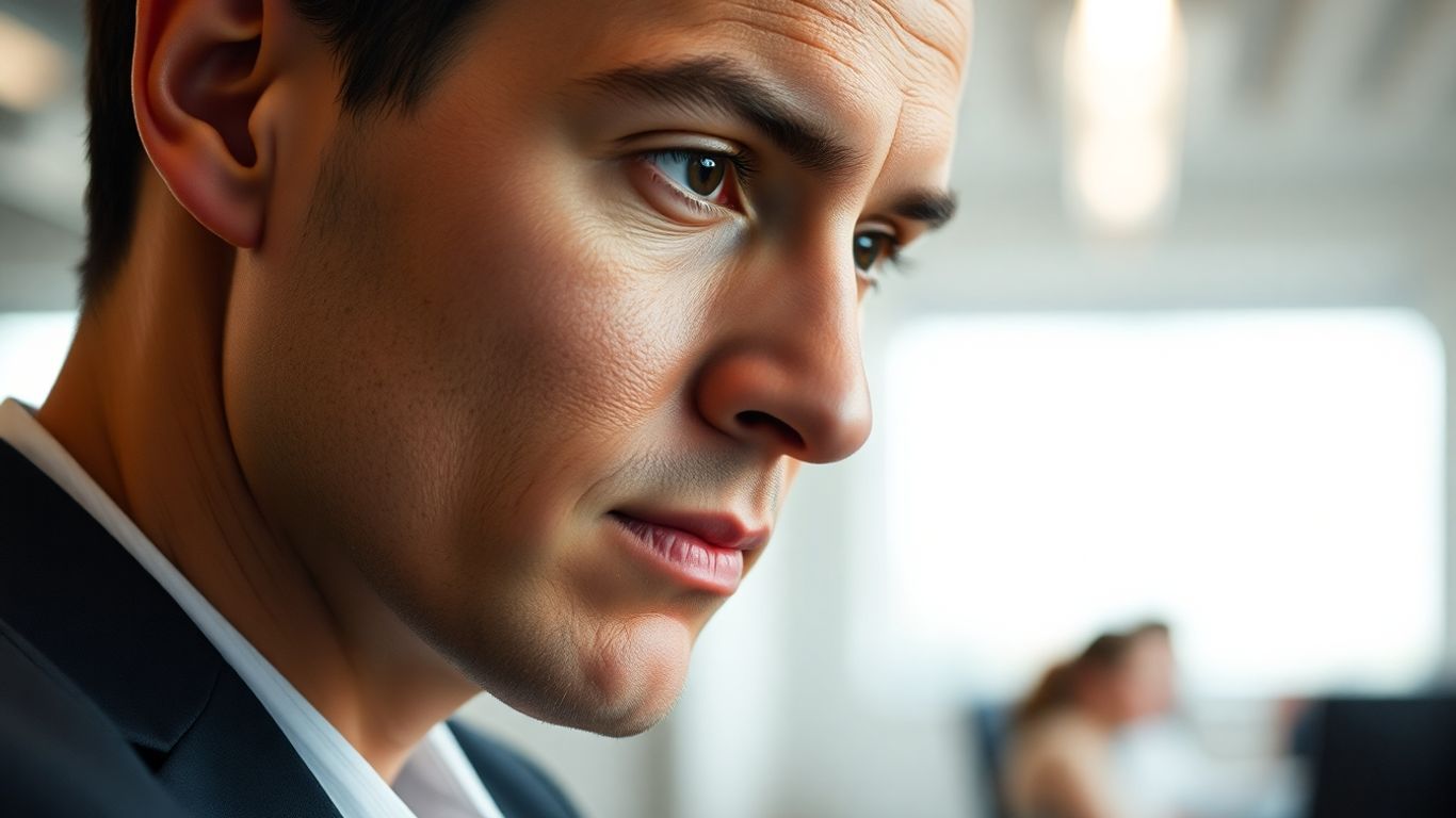 Professional looking thoughtful with blurred office background.