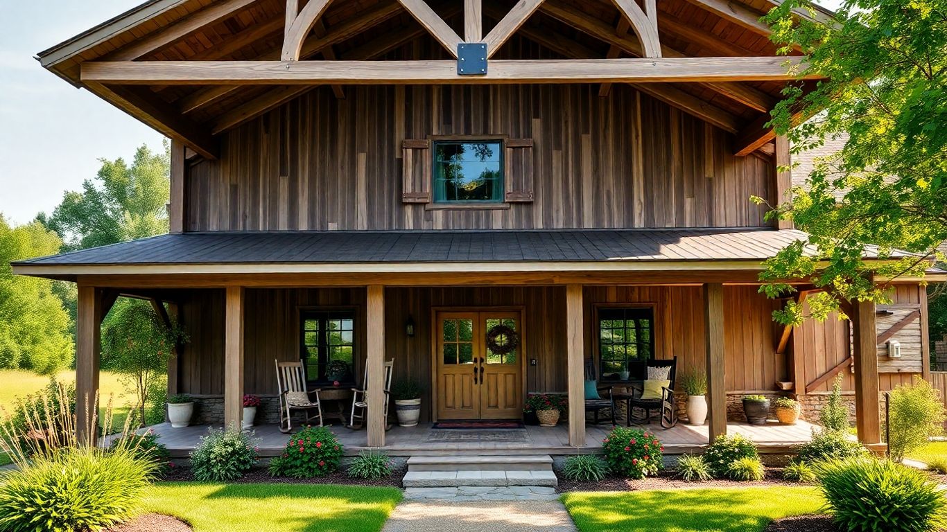 Fachada de fazenda com varanda e paisagismo