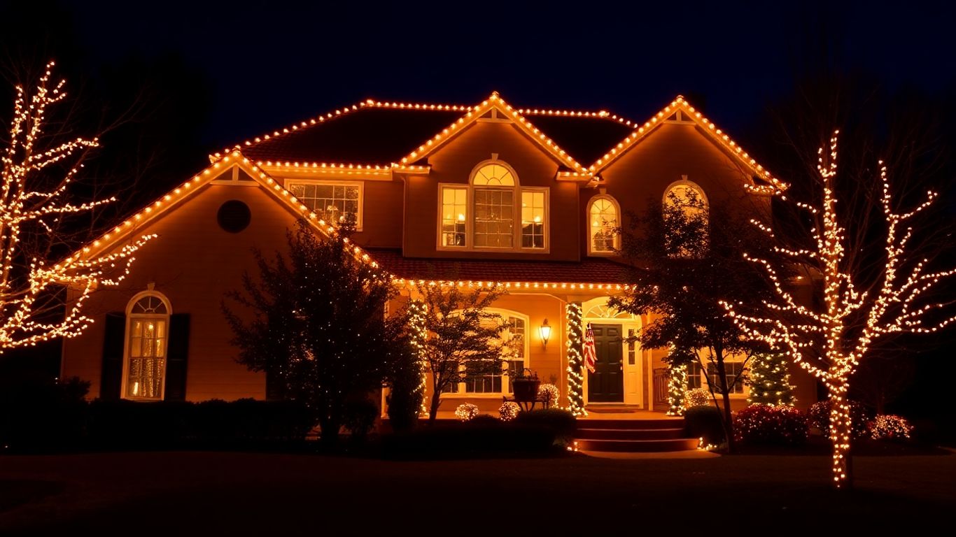 House with permanent Christmas lights at night.