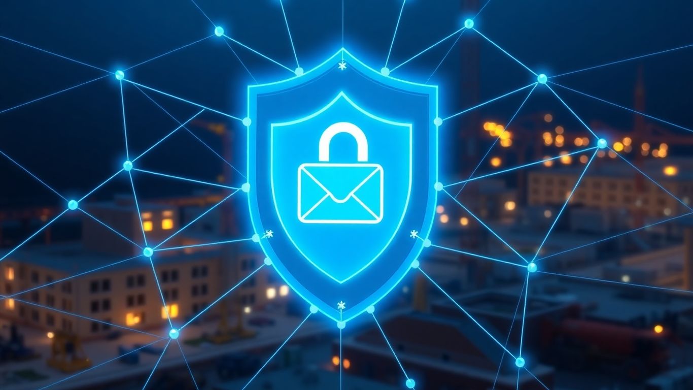 Secure digital shield protecting construction site buildings and equipment.