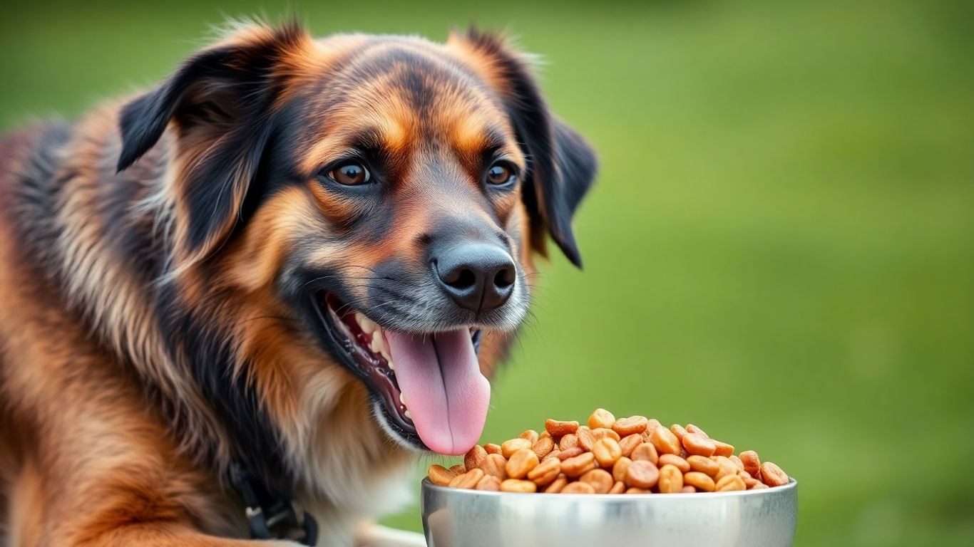 Healthy dog eating from a food bowl outdoors.