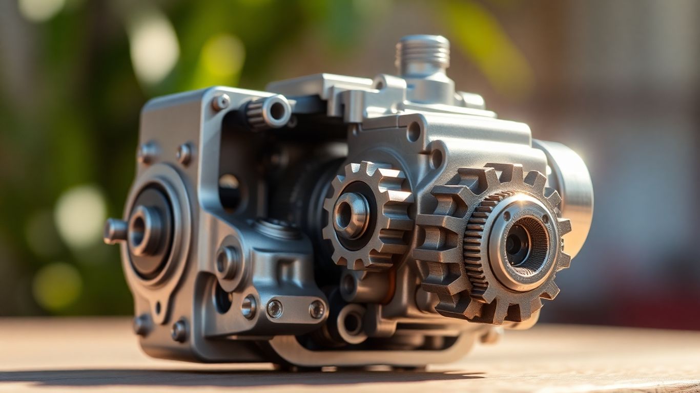 Mini gearbox with visible gears and metallic components.