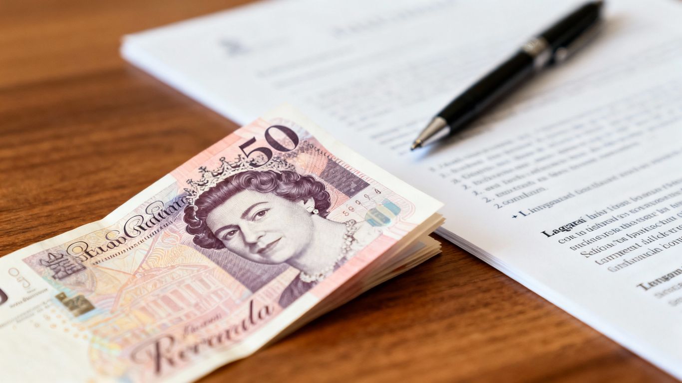 UK fifty pound note and legal document.