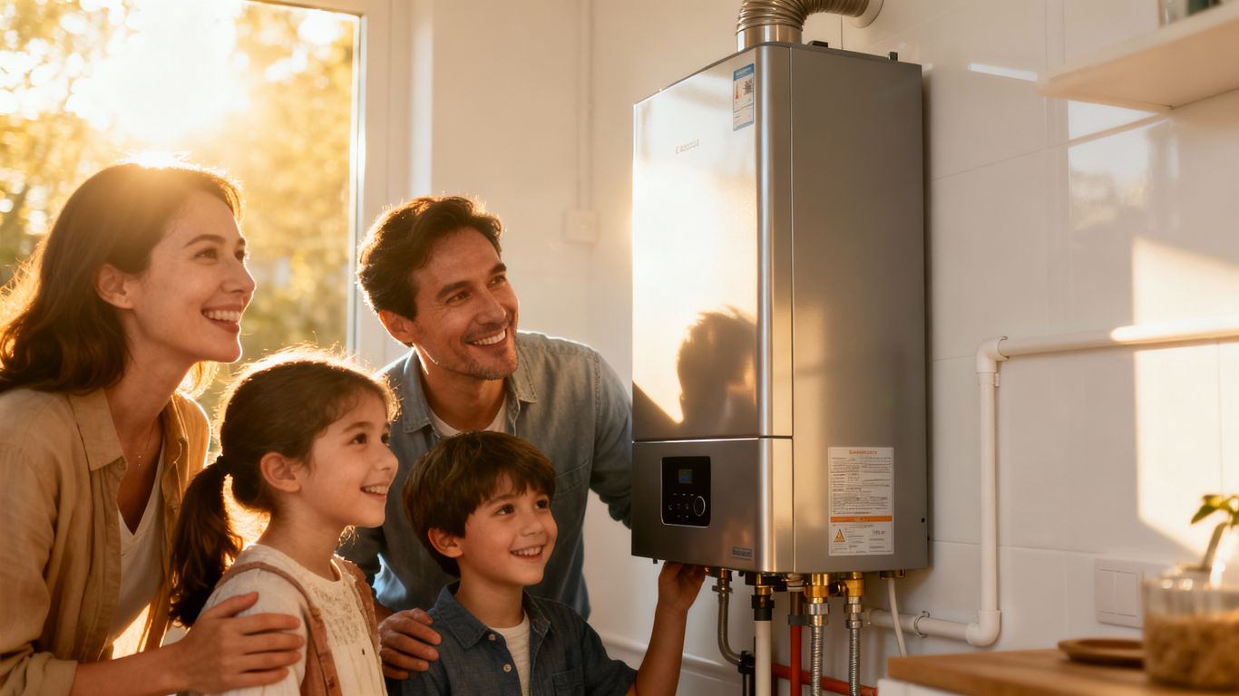 Family near a modern water heater