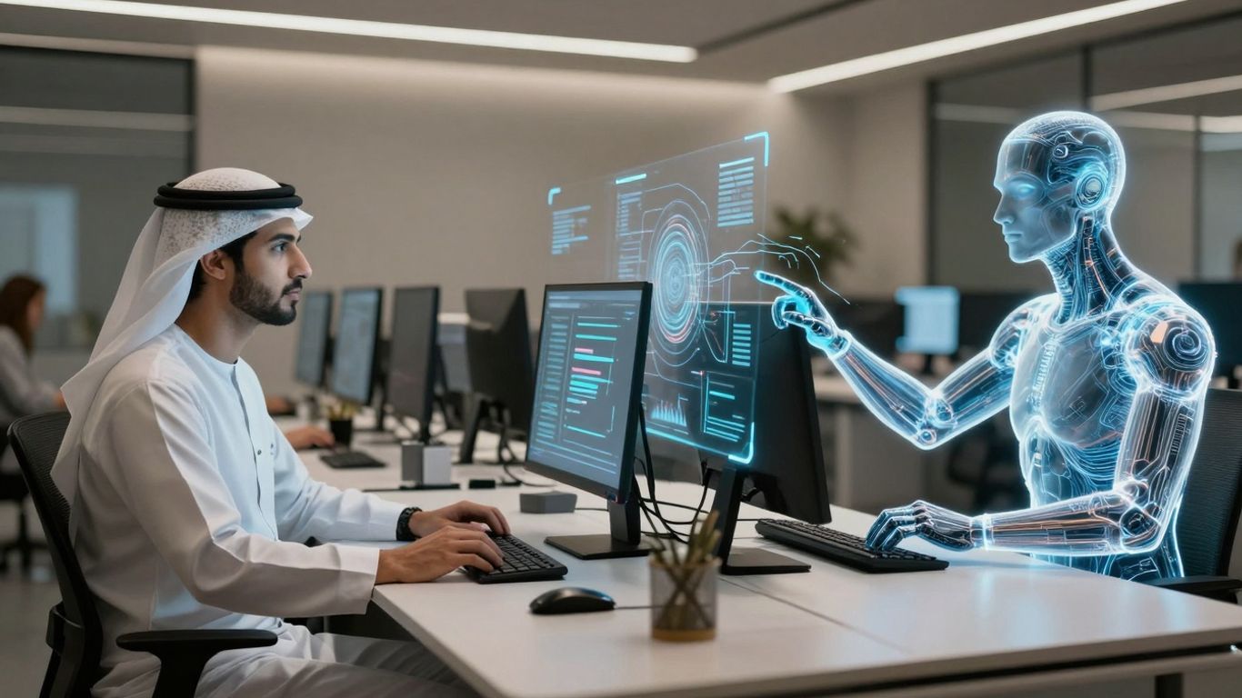 Agentes IA interactuando con interfaces digitales futuristas.