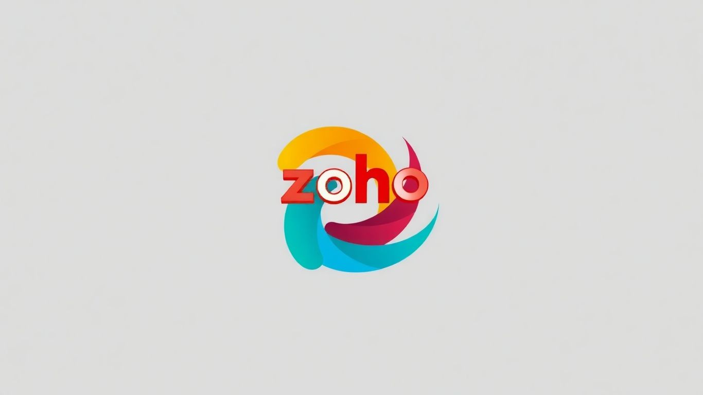 Zoho logo with abstract colorful shapes.
