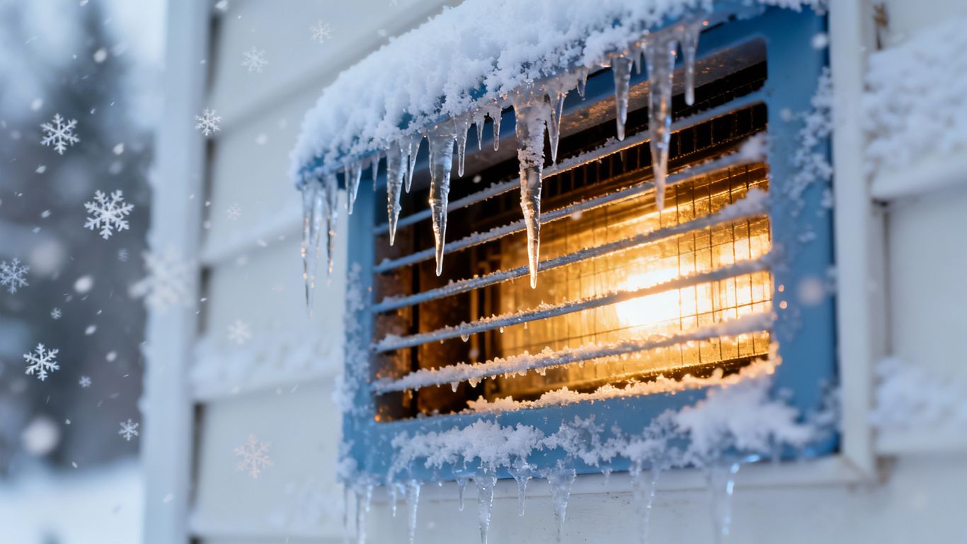 Home furnace vent covered in frost and icicles.