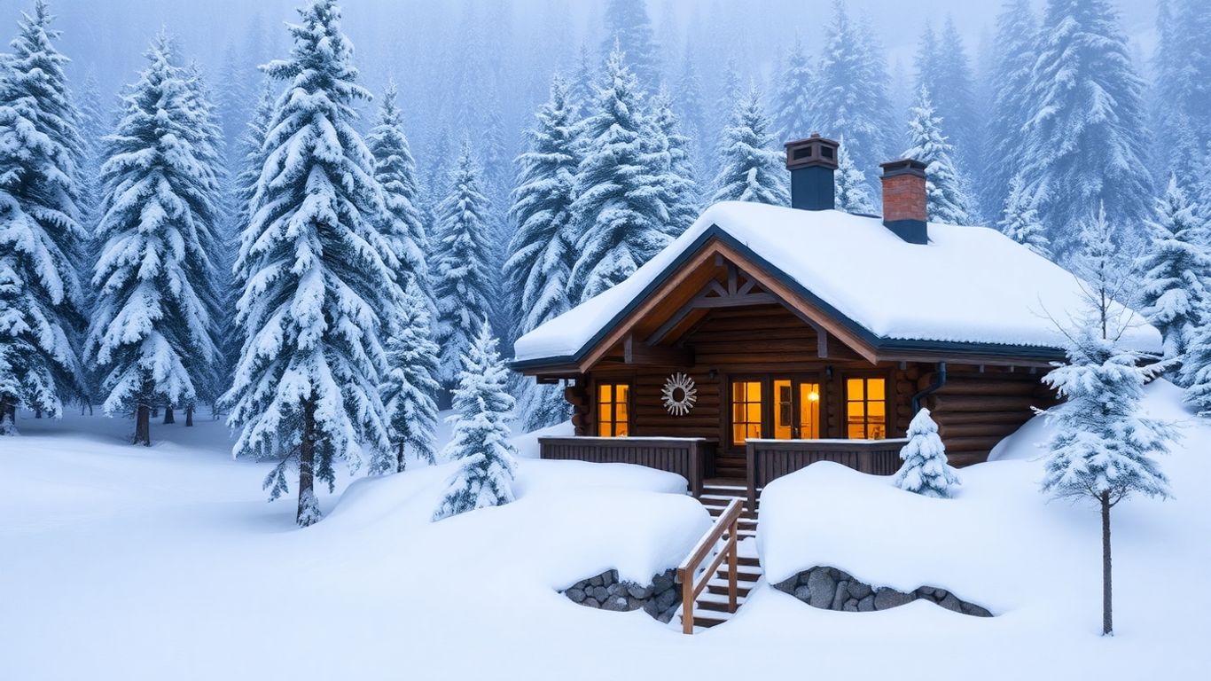 Chalet enneigé avec lumière chaleureuse dans les fenêtres.