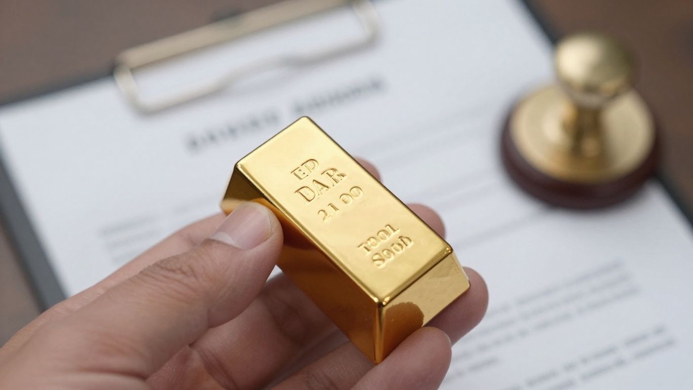 يد ذهبية تحمل سبيكة ذهبية أمام وثائق.