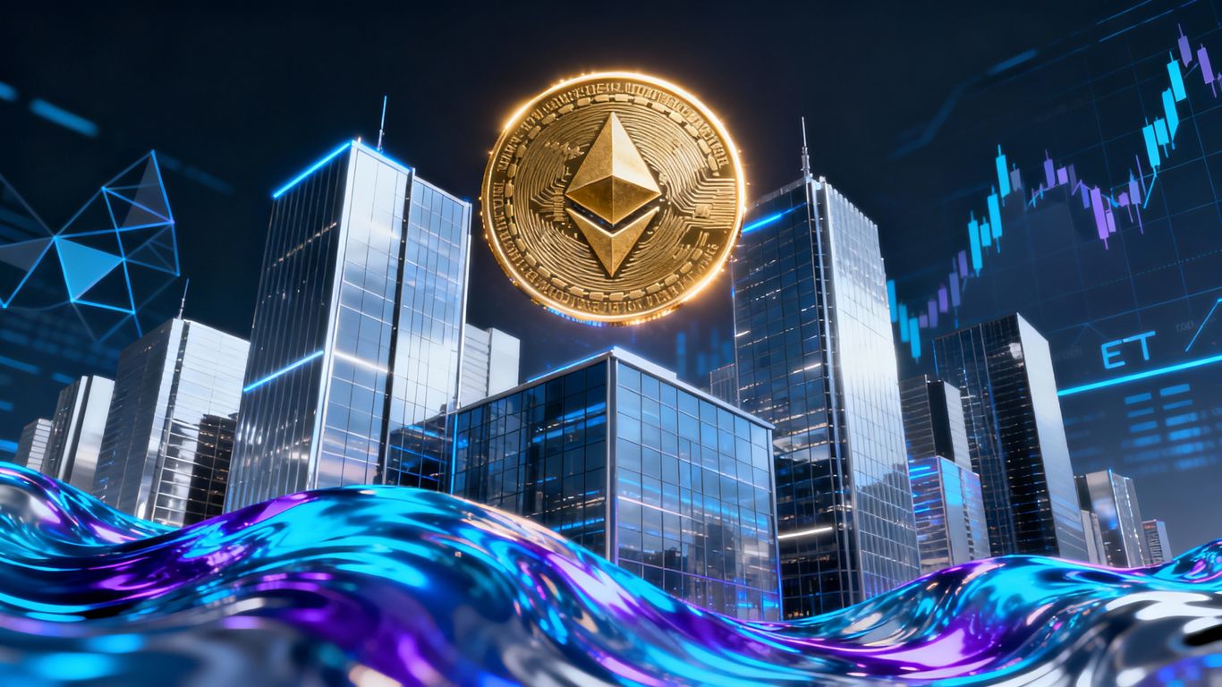 Ethereum coin and ETF theme in digital financial city