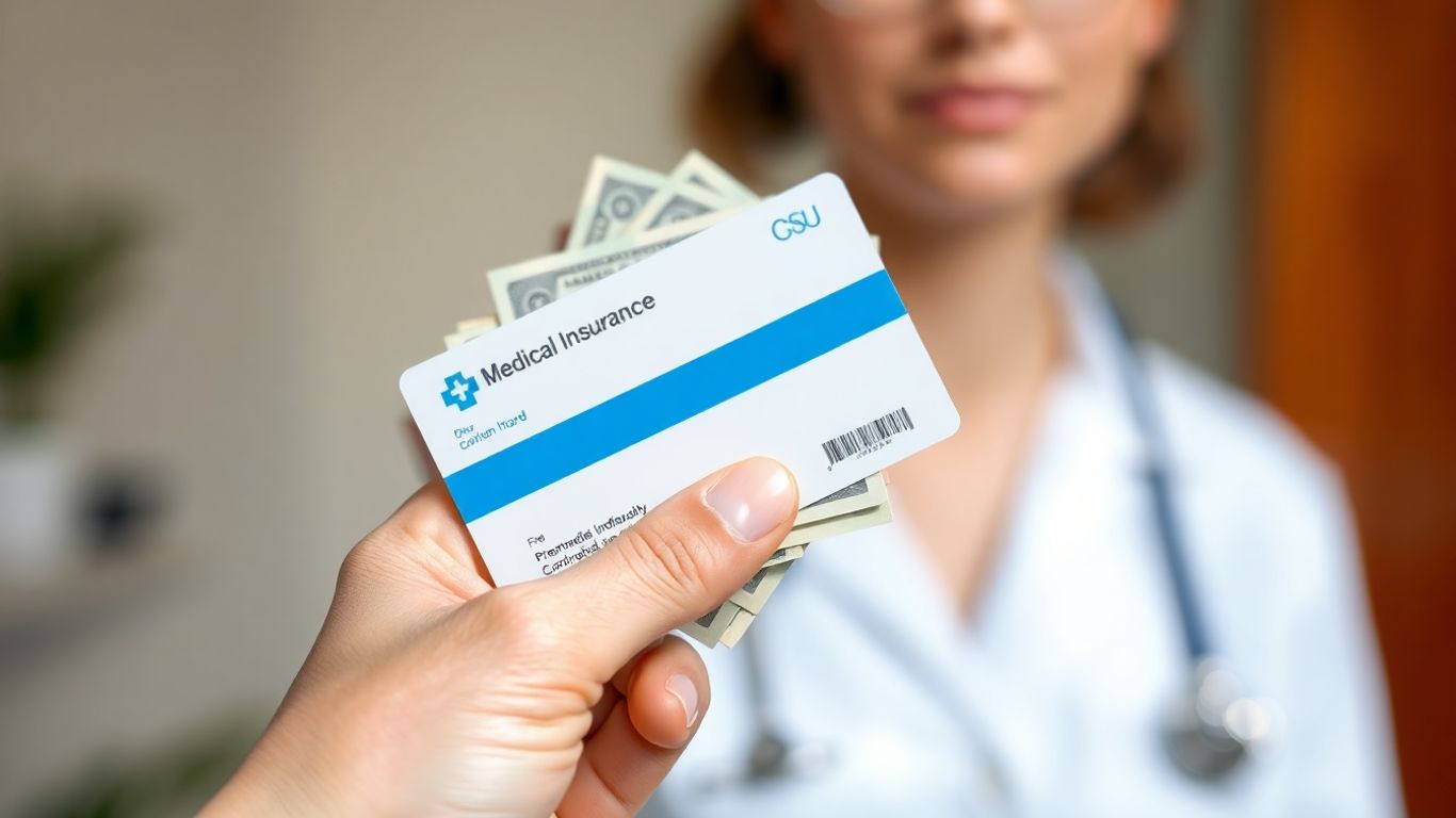 Hand holding insurance card and money.