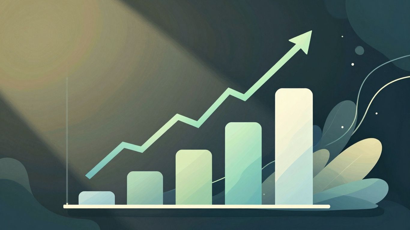 Business growth chart with upward trends and abstract shapes.