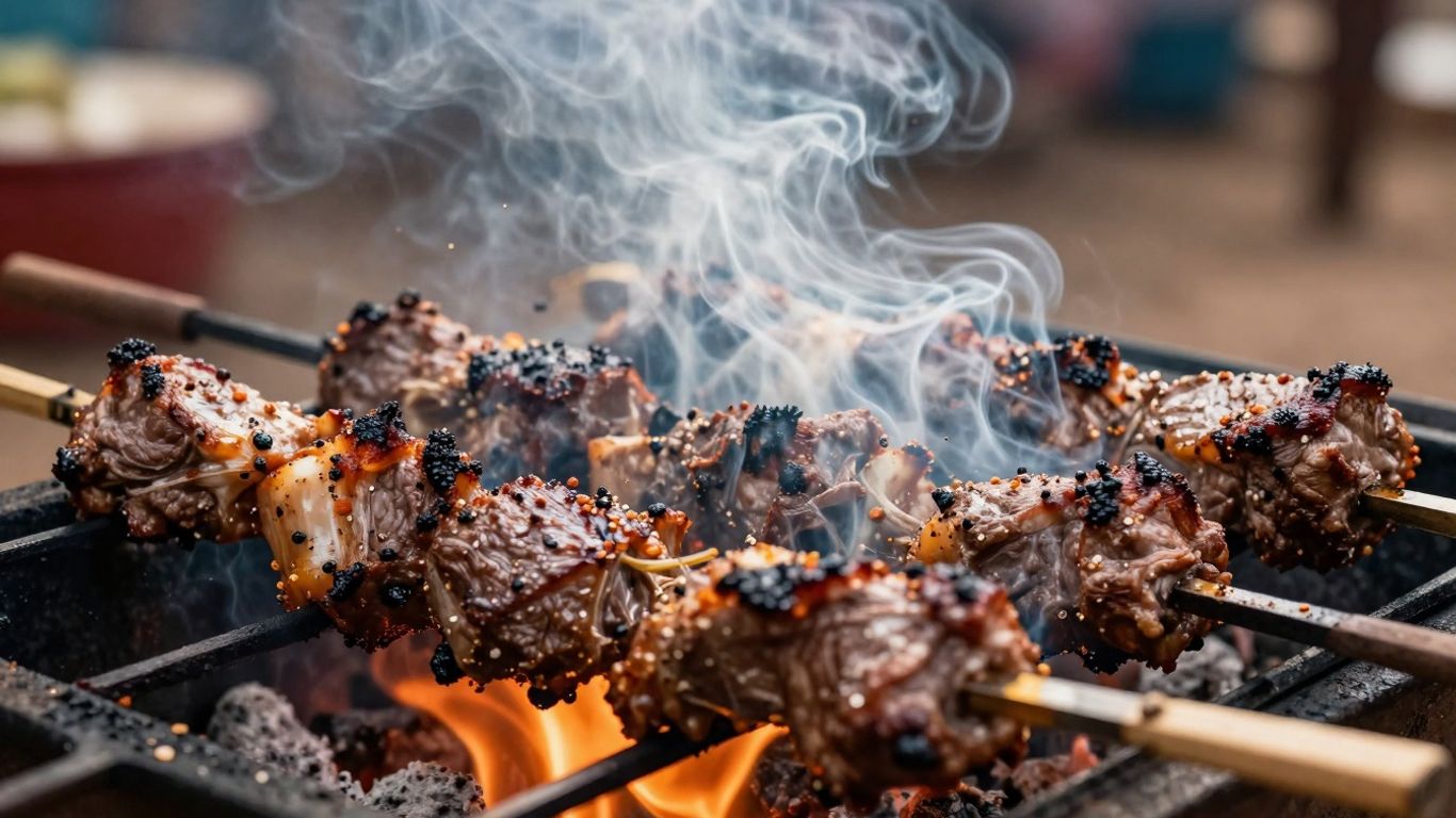 African barbecue with grilled meats and smoke.