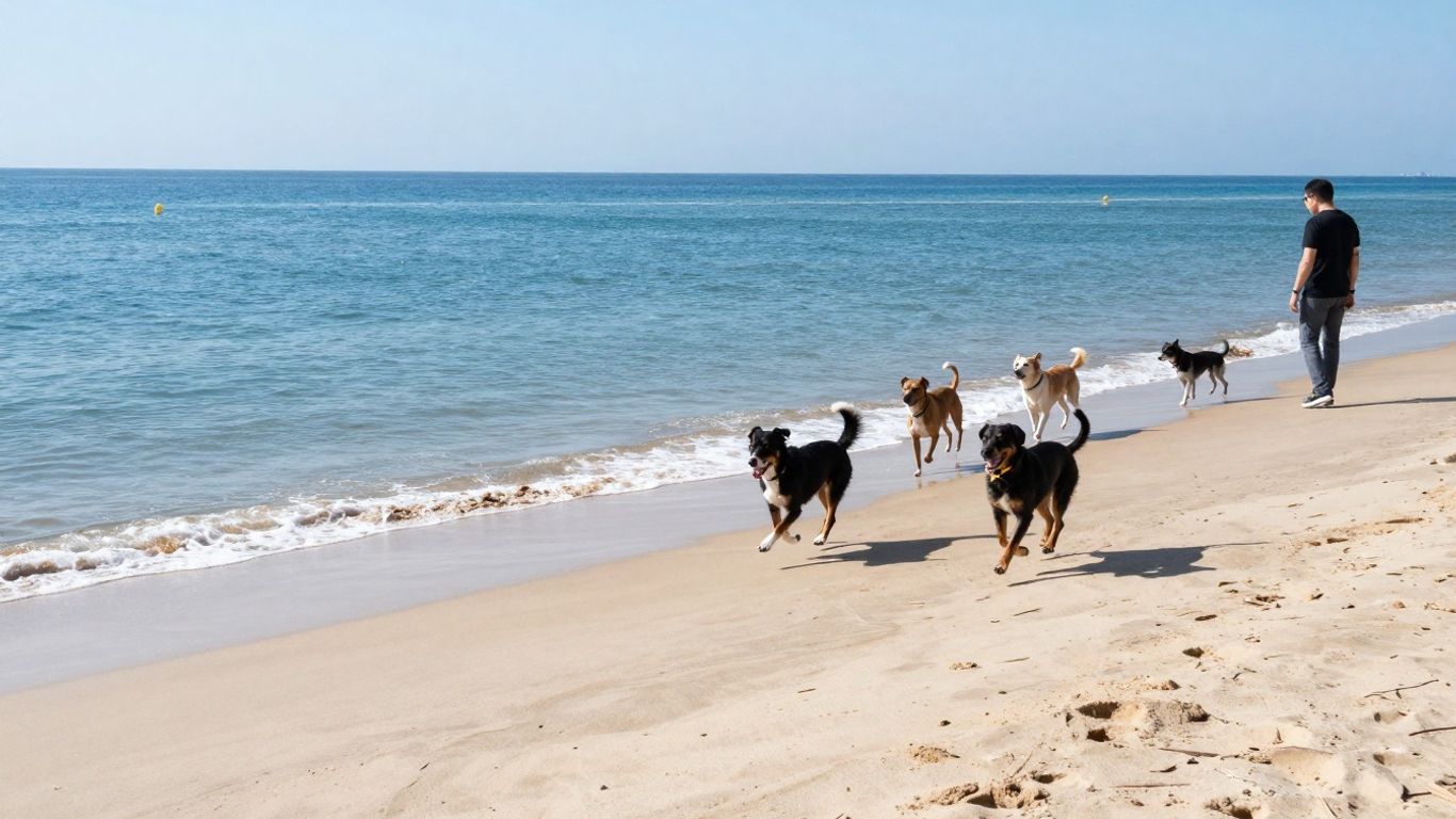 Honden rennen en spelen op een zonnig strand.