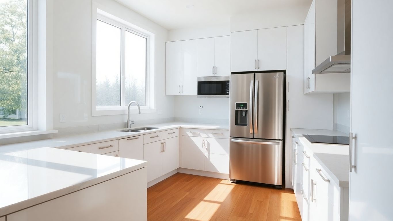 Modern kitchen remodel with natural light and new appliances.