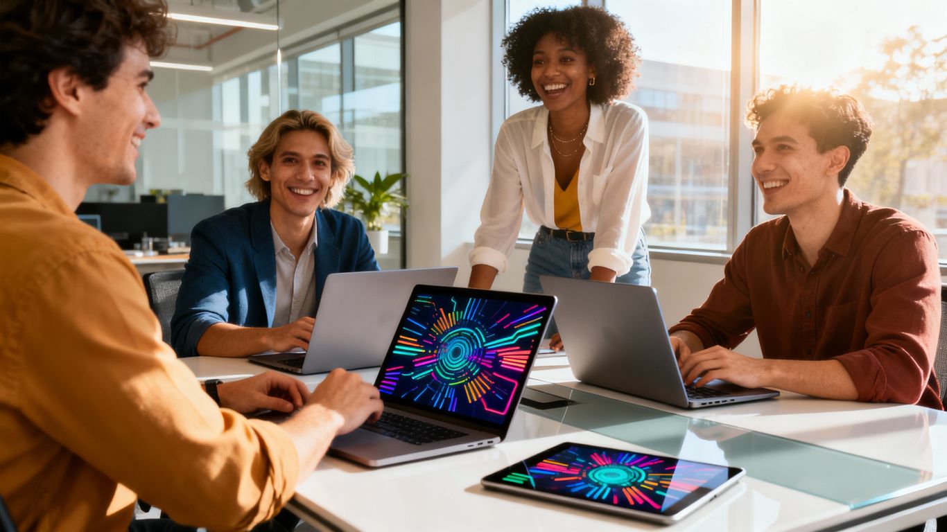 Small business owners collaborating with technology for growth.