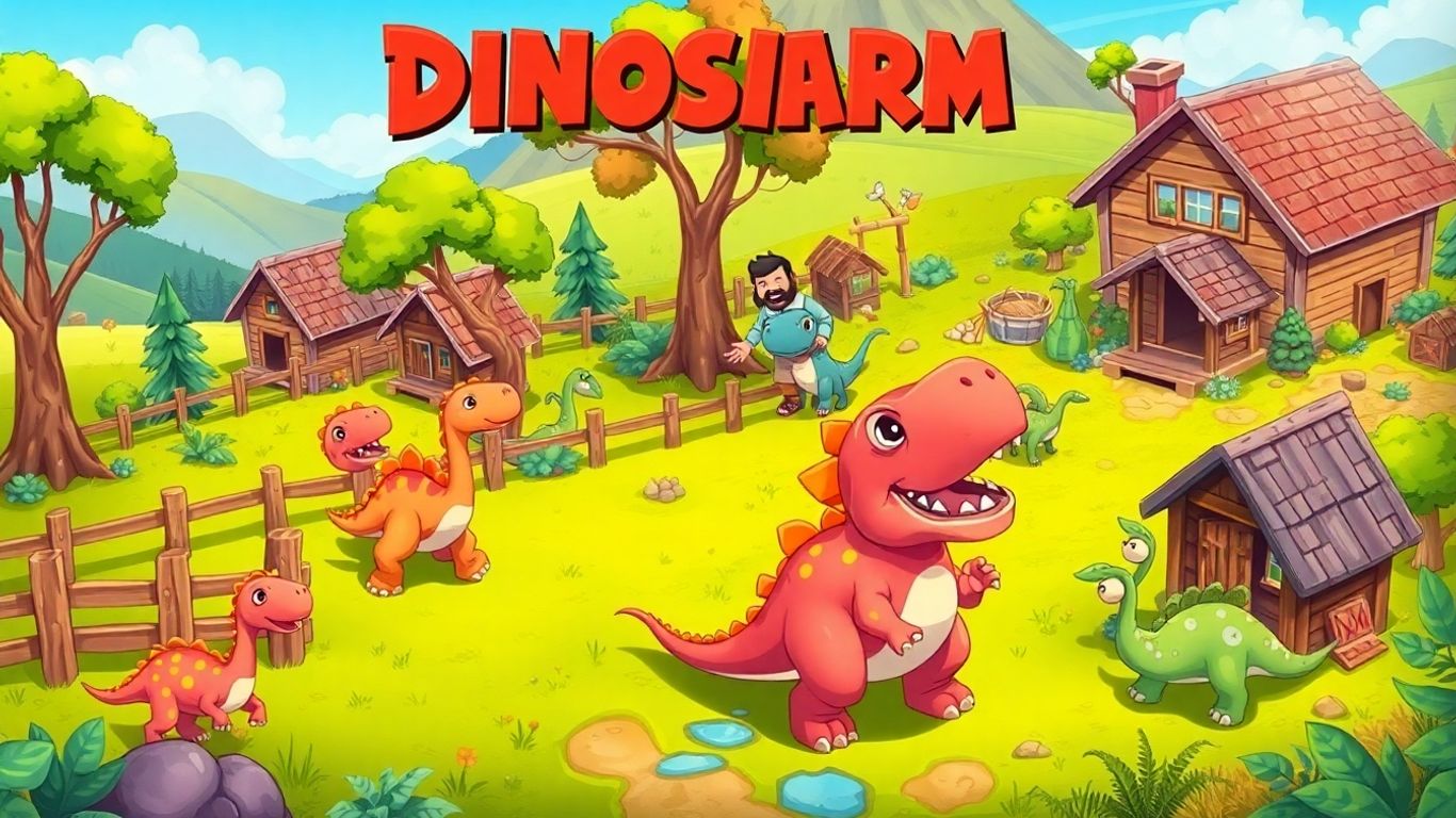 Illustrated joyful dinosaurs and farmer in vibrant game landscape