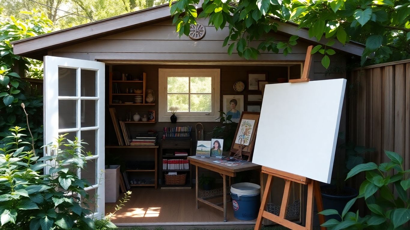 Shed converted into a bright, inviting art studio with art supplies.