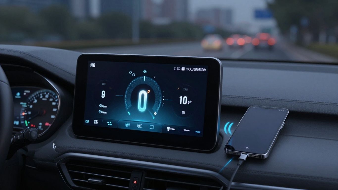 Car dashboard with telematics data and connected smartphone.
