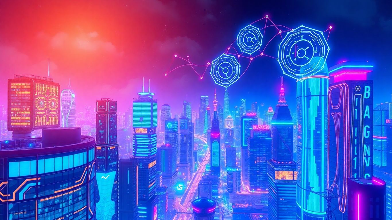 ภาพเมืองแห่งอนาคตที่เต็มไปด้วยเทคโนโลยี AI