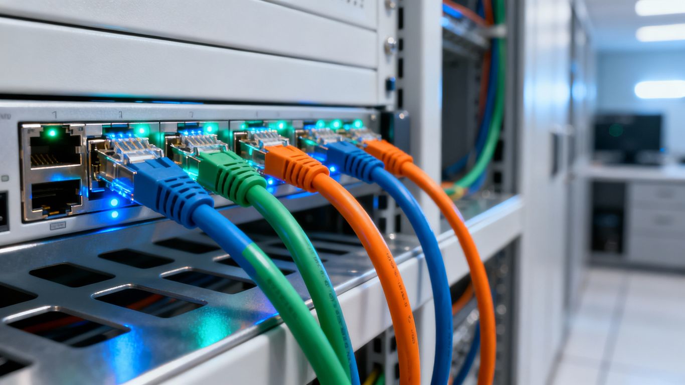 Colorful network cables in modern server rack close-up