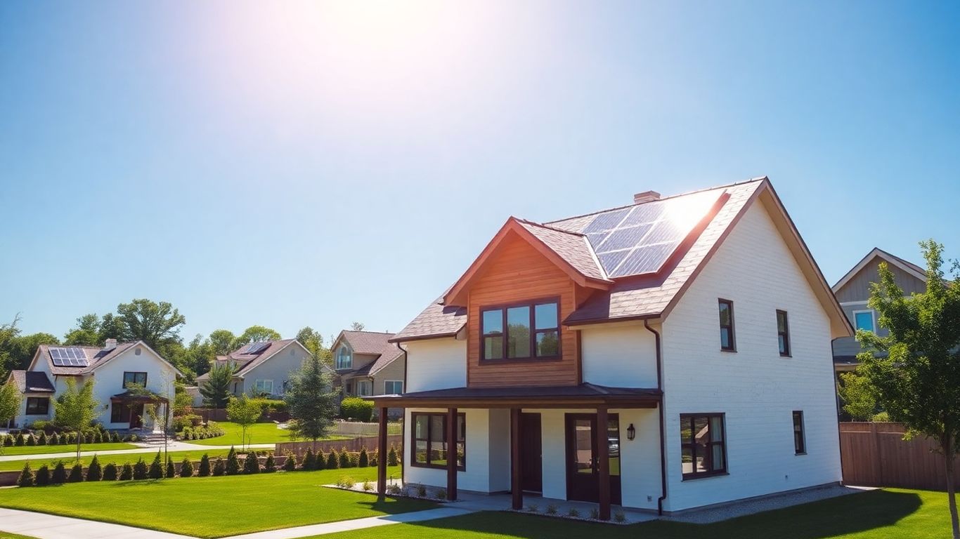 Maison moderne avec panneaux solaires sur le toit sous le soleil