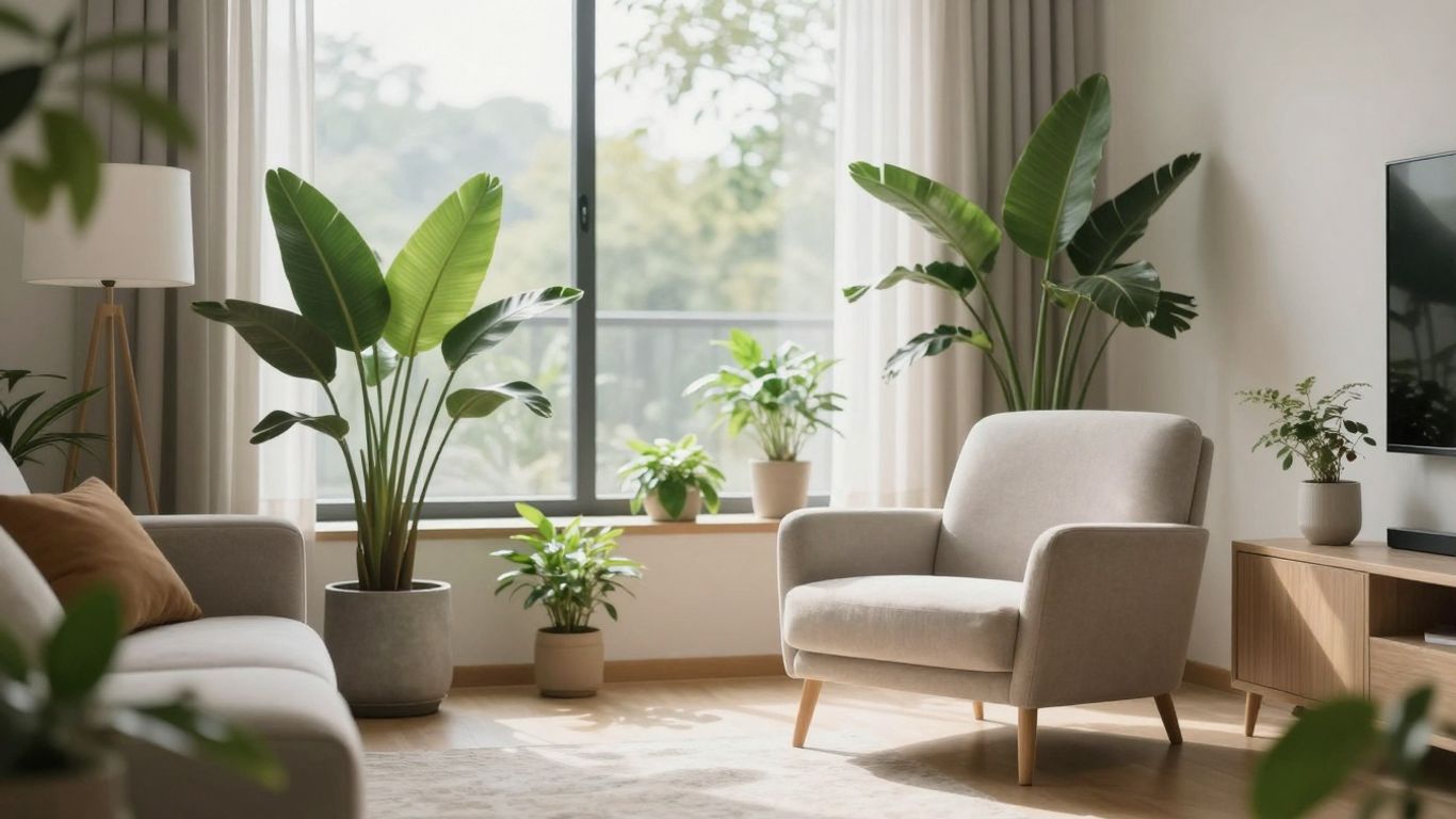Modern living room with plants and natural light.