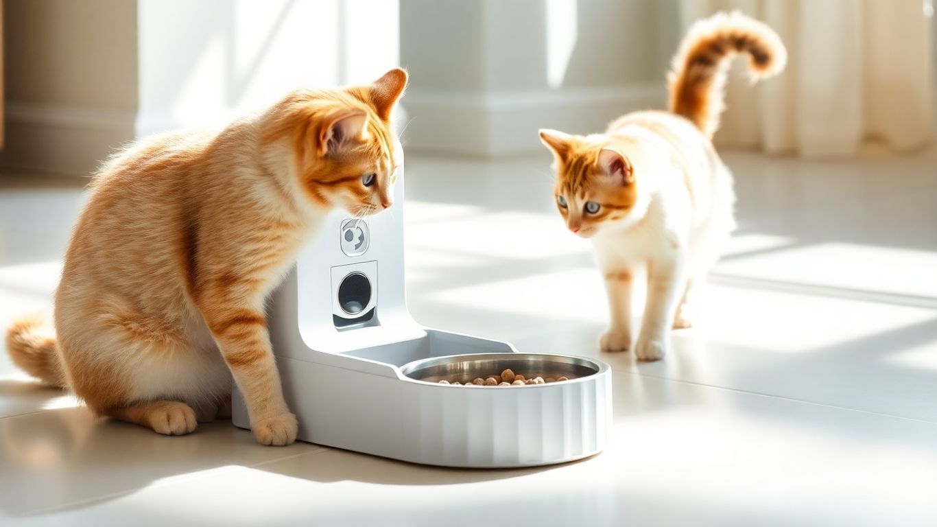 Automatic cat feeder dispensing food to a curious cat.