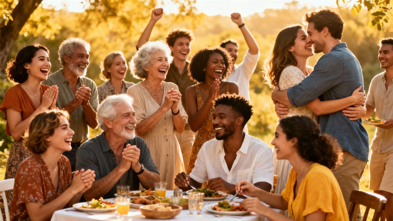 Diverse people connecting and sharing happy moments.