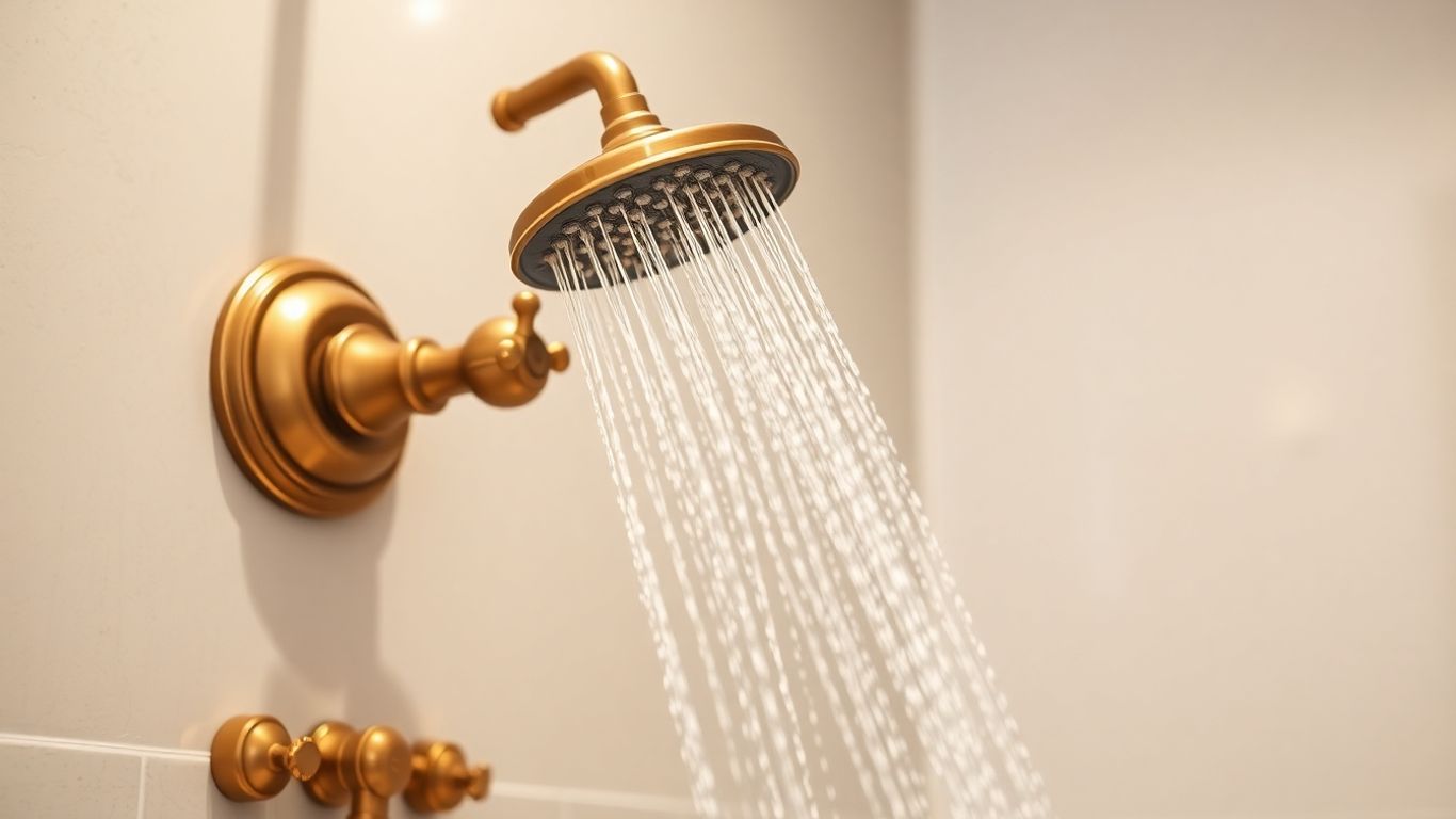 Antique brass wall-mount shower head and faucet.