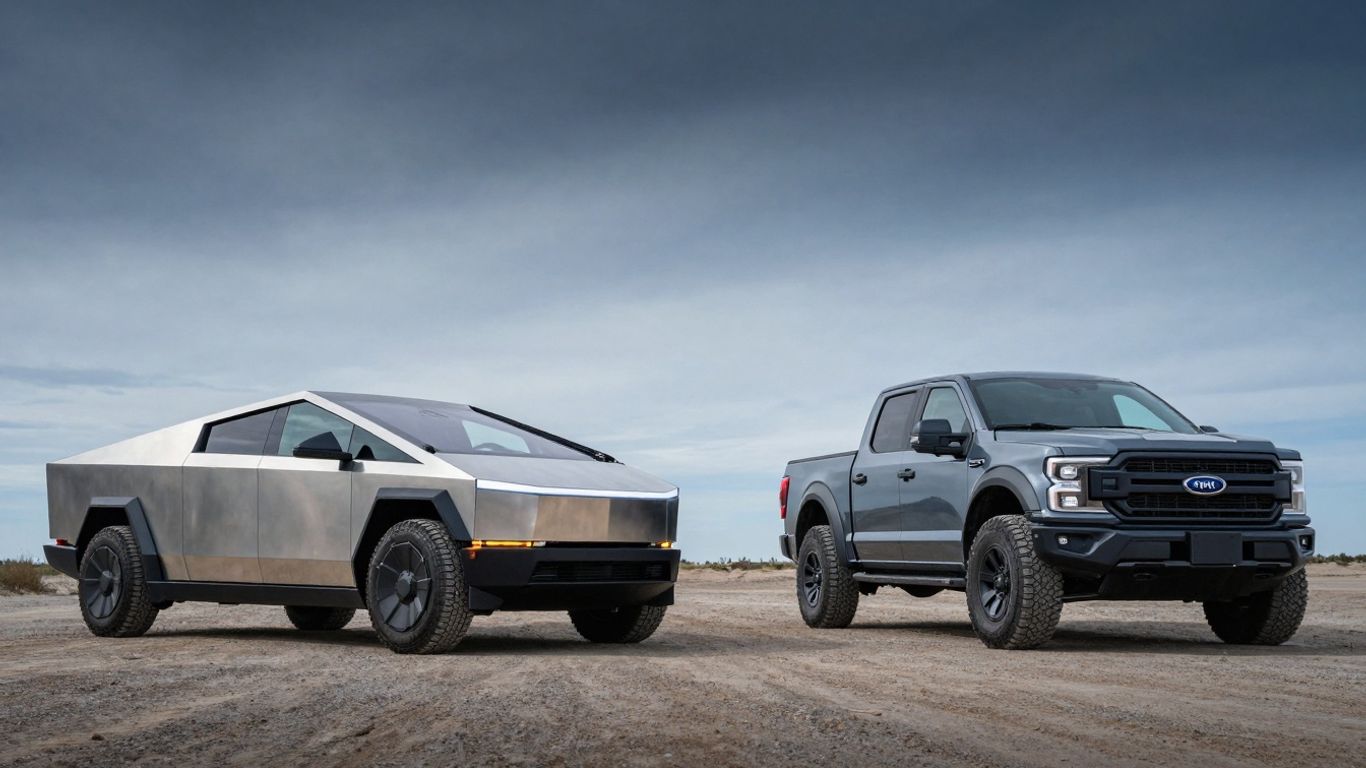 Cybertruck and F-150 Lightning face off on a dusty road.