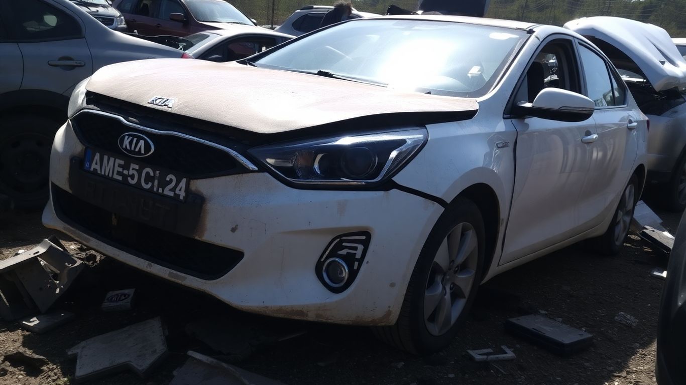 Broken Kia car in a junkyard