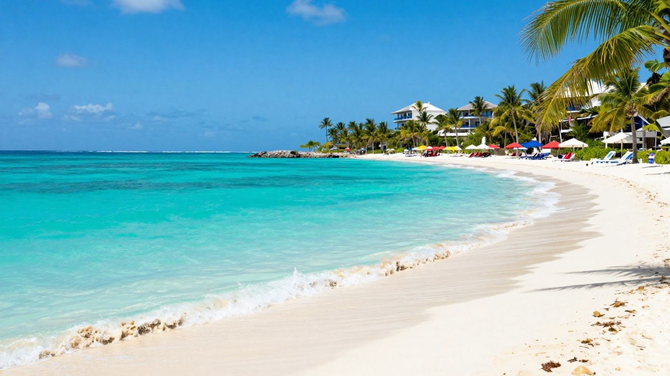 Tropical Caribbean beach with palm trees and clear blue water.