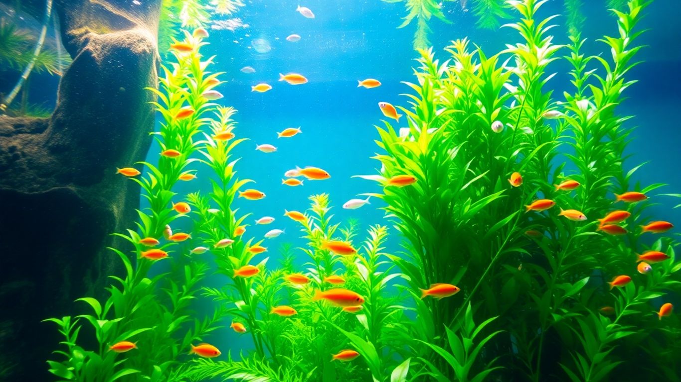Ein helles Aquarium mit bunten Fischen und Pflanzen.