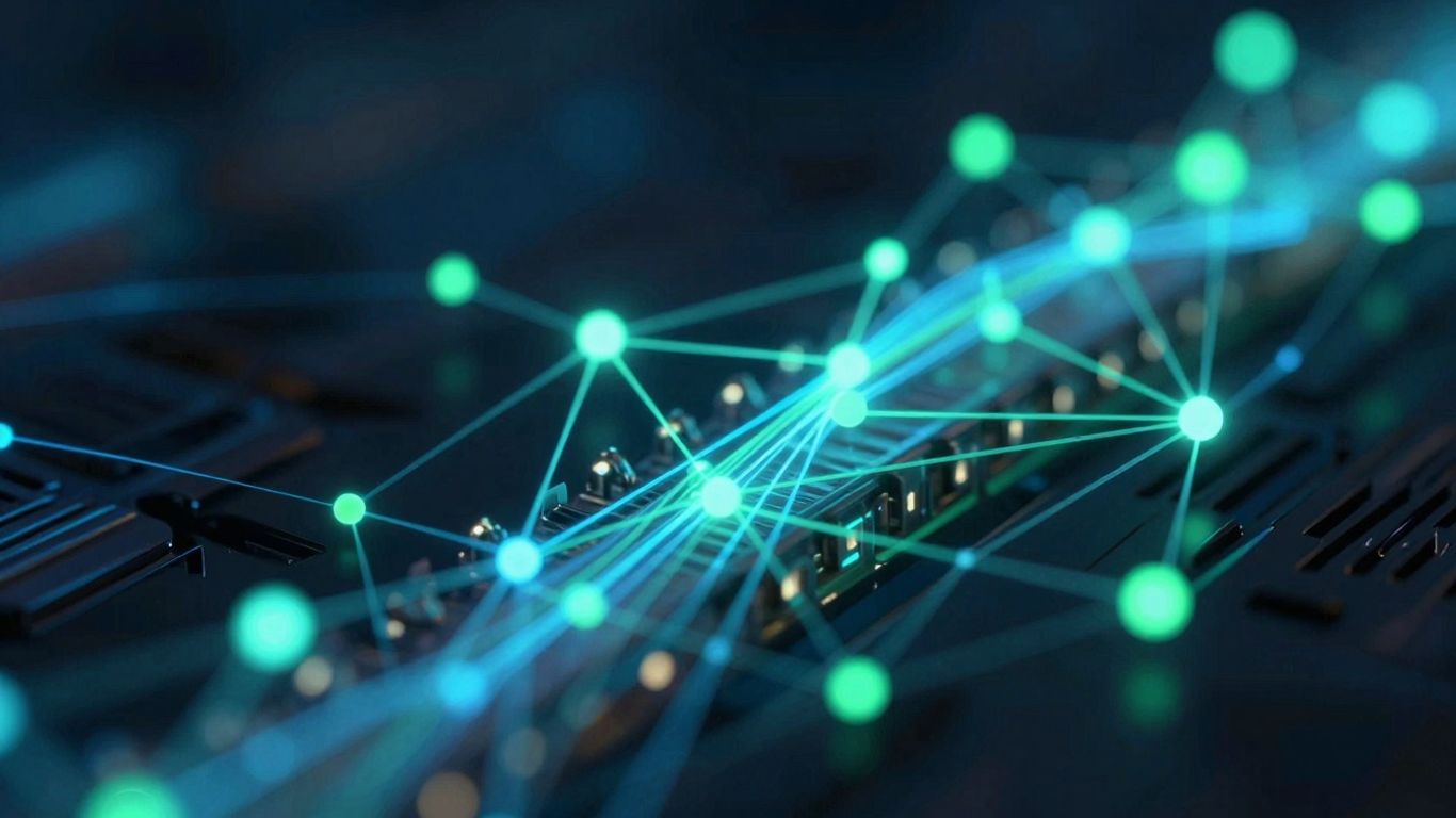 Digital network interface with glowing nodes and data streams.