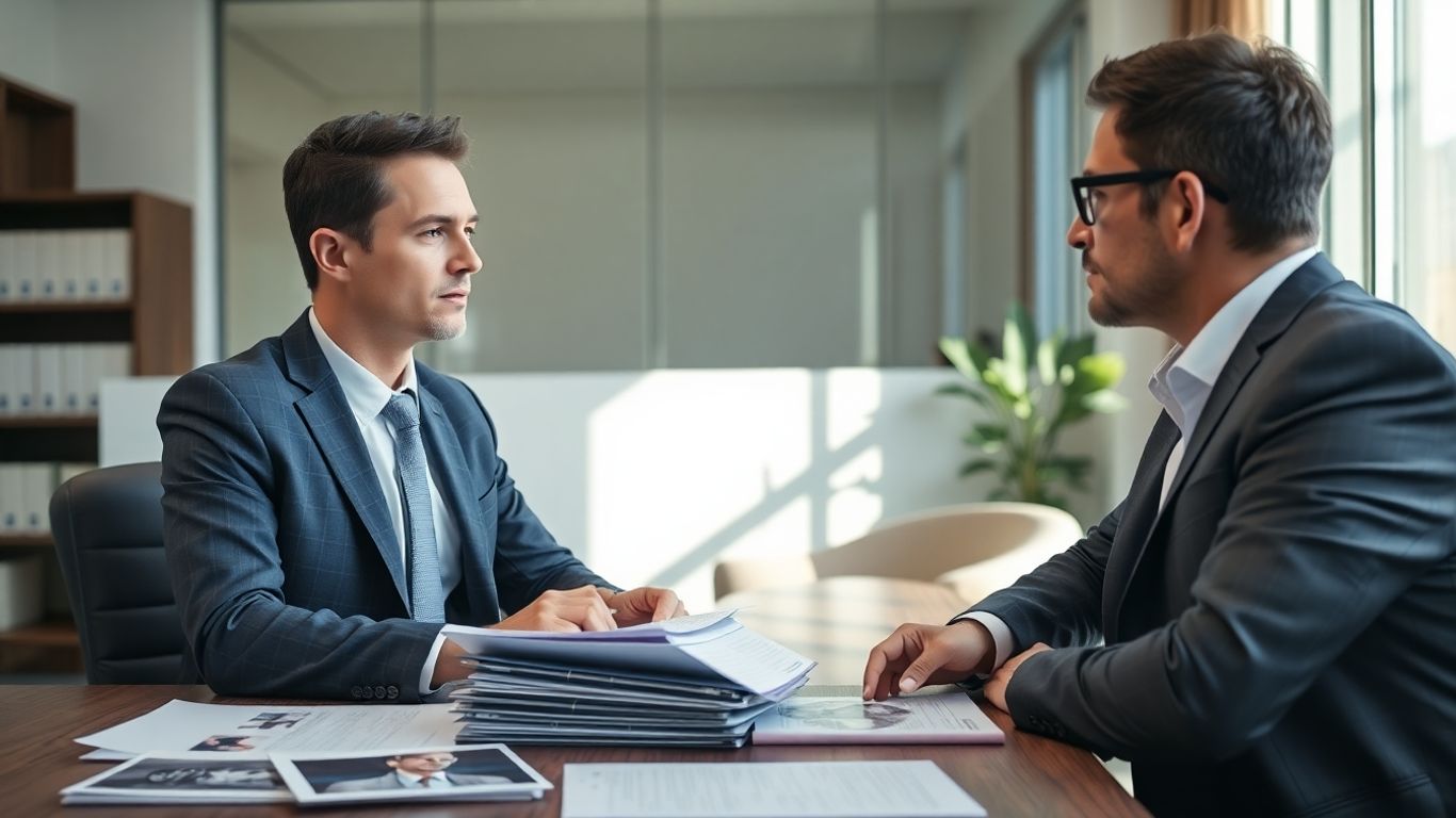 Attorney consulting injured client in law office setting