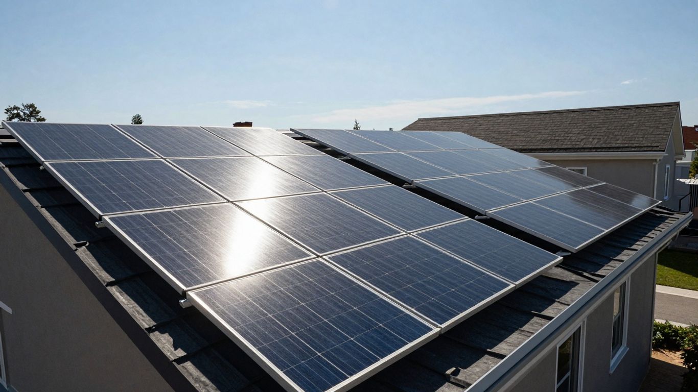 Residential Rooftop Solar Panels On An Indiana Home, Highlighting The 100% Property Tax Exemption And Sales Tax Savings.