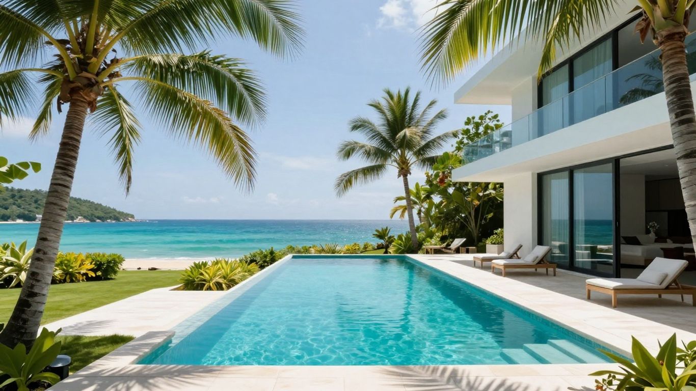 Modern villa with pool overlooking tropical ocean view.