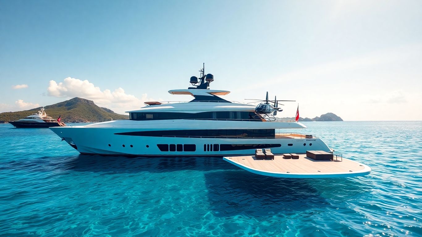 Luxury yacht with helipad and helicopter anchored at sea